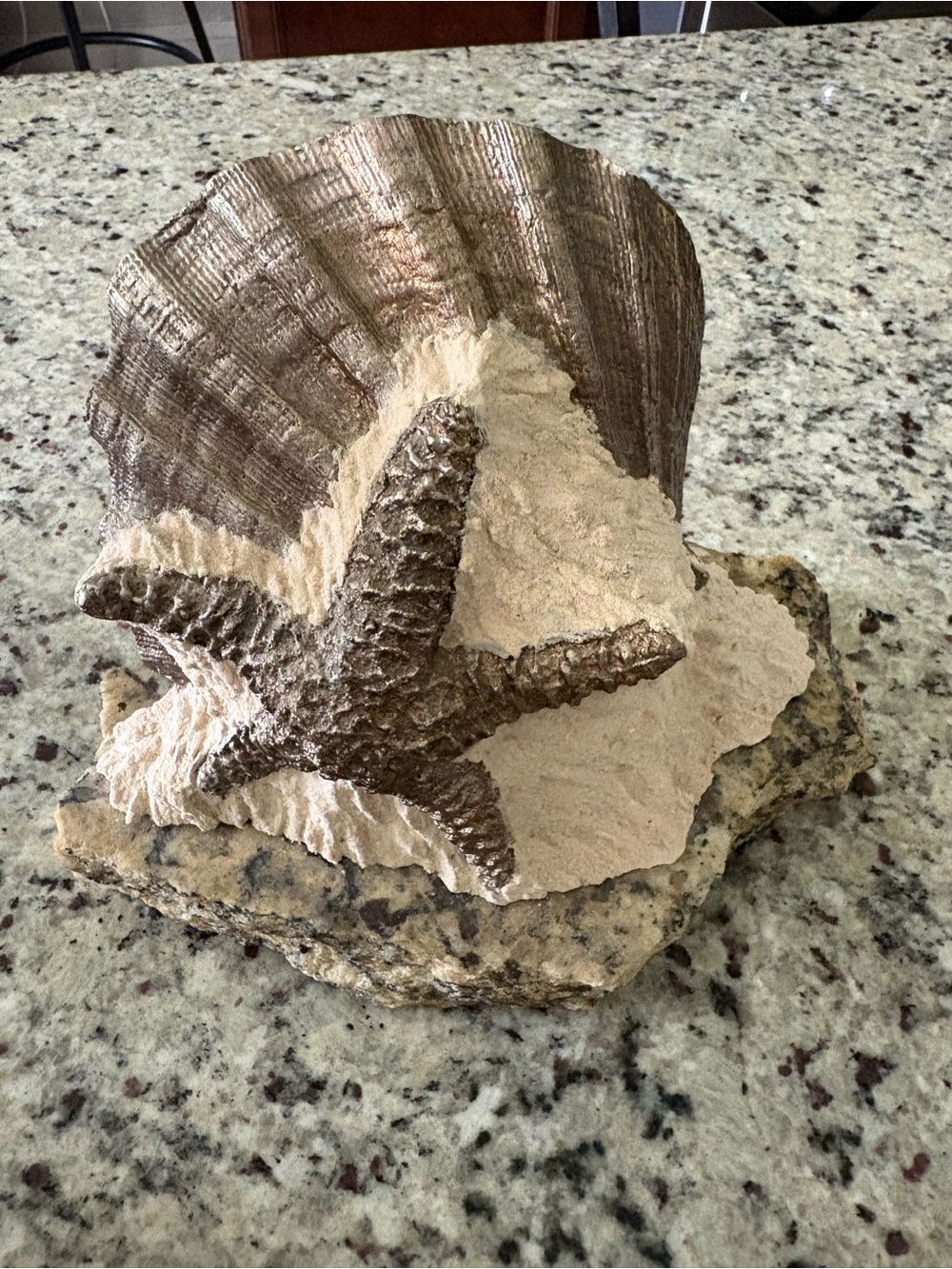Starfish Seashell Sand on marble slab paper weight Missing piece on shell GUC